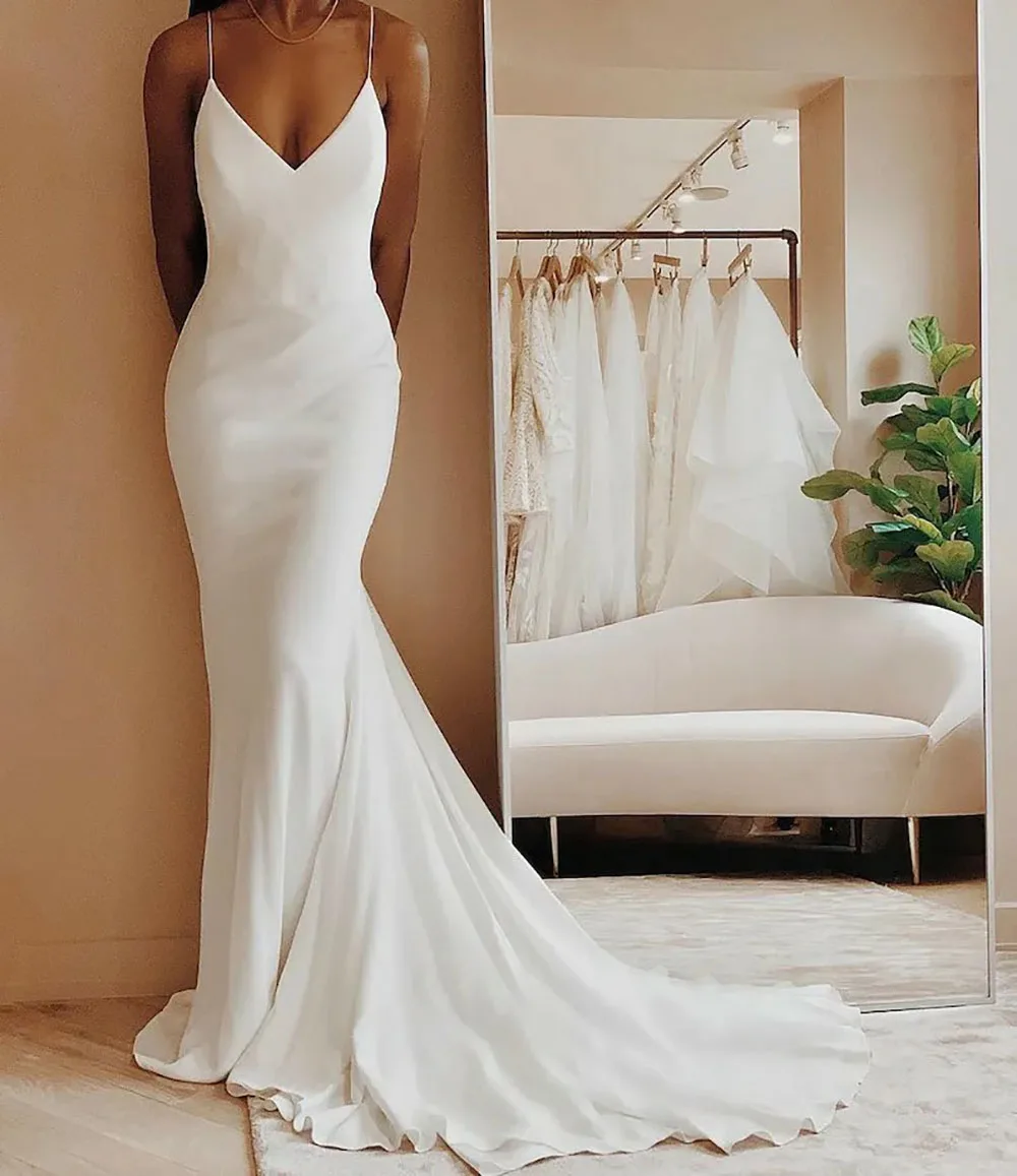 Simple Mermaid Wedding Dress Civil Sexy Backless Spaghetti strap Bridal Dress Wedding Gown Vestido De Noiva Elegant Party Dress 3