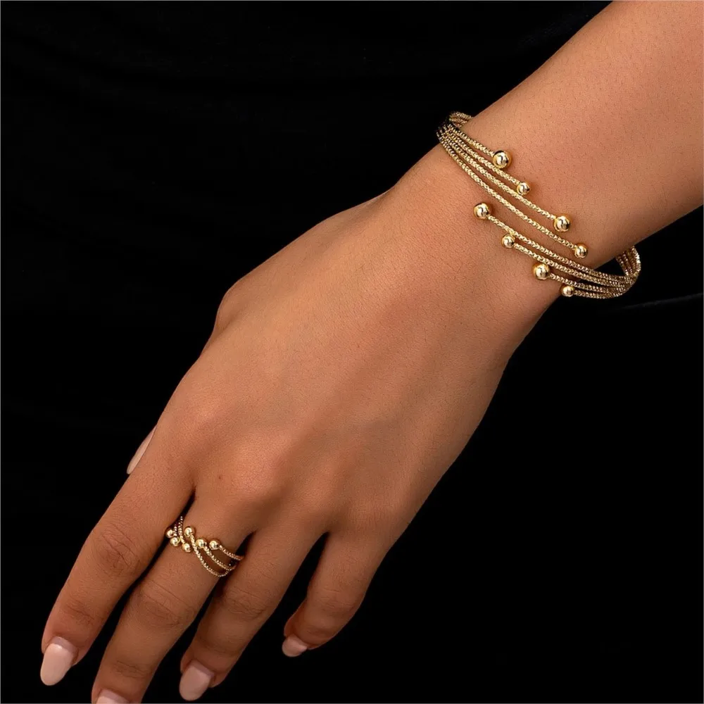 2pcs Golden Tone Arm Cuff + Ring Jewelry Sets for Women Multi Layered Temperament Bnagle Perfect Gift for Friends and Girlfriend