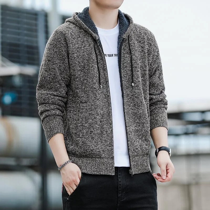 Hooded Men's Knitted Spring and Autumn Style Plush Men's 2023 Korean Version Trend Loose Zipper Pocket Versatile Sweater Jacket