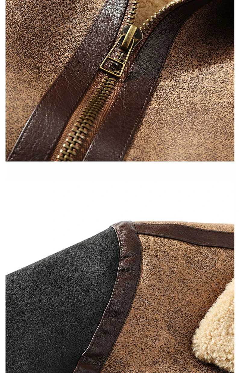 Description Picture 5 of itemSchinteon Men Suede Leather Plus Size Jacket Winter Warm Thick Heavy Outwear Faux Lamb Wool Fur Motobike Patchwork Buckle Coat