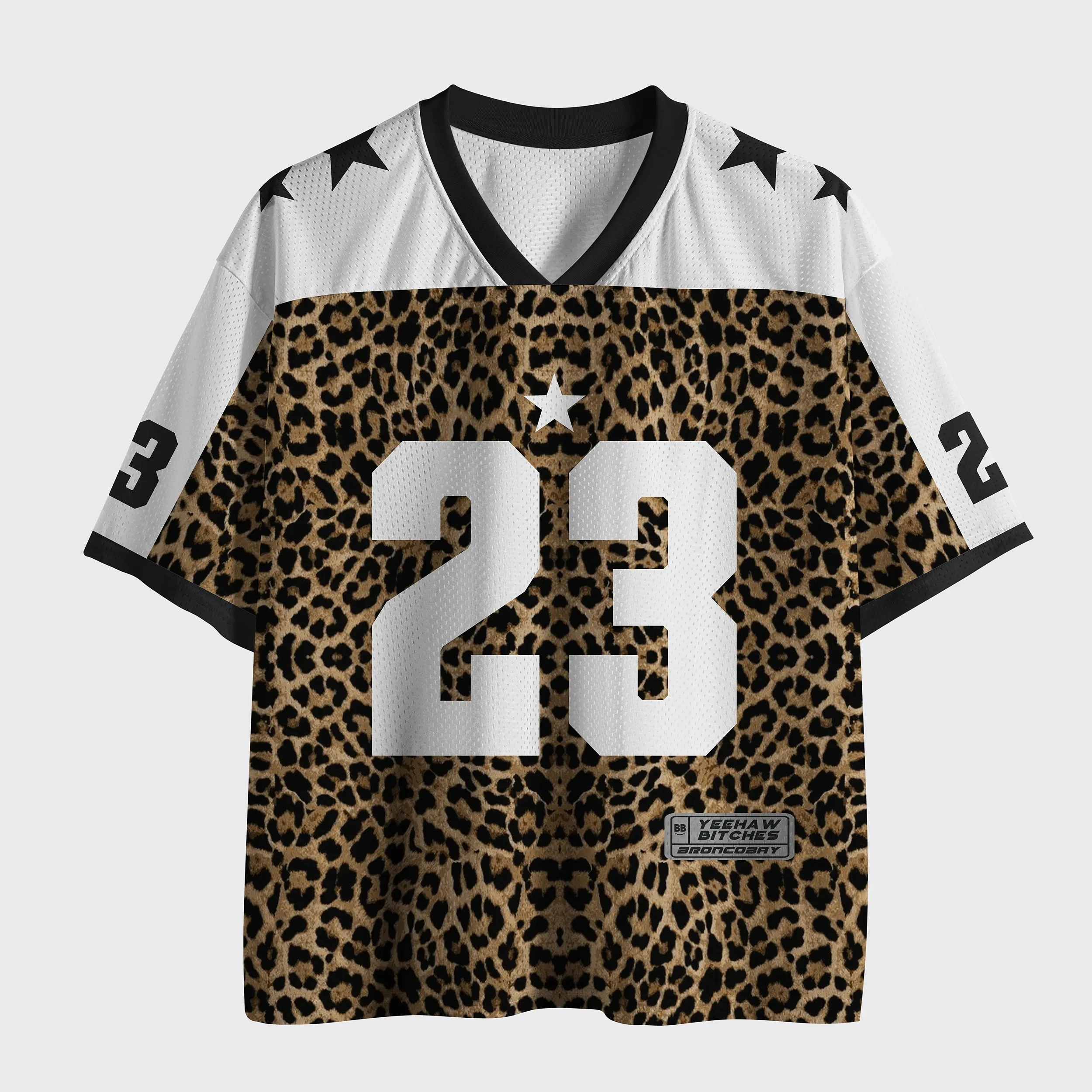 Trendiges Must-Have V-Ausschnitt Mesh-Sporttrikot, Top-Bewertetes Leopardenmuster mit Tiermotiv, 23-Sterne-Grafik, Kurzarm-Oberteil