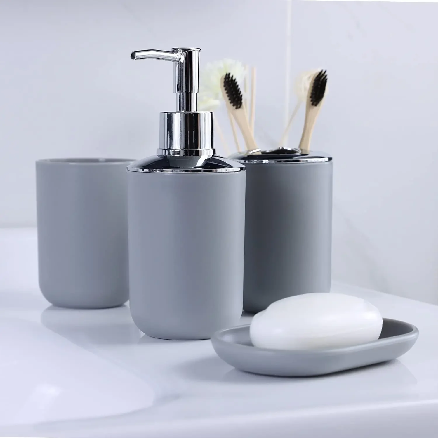 Bathroom Accessories Set 6 pcs Toothbrush Holder Toothbrush Cup Soap Dispenser Soap Dish Toilet Brush Holder Trash Can