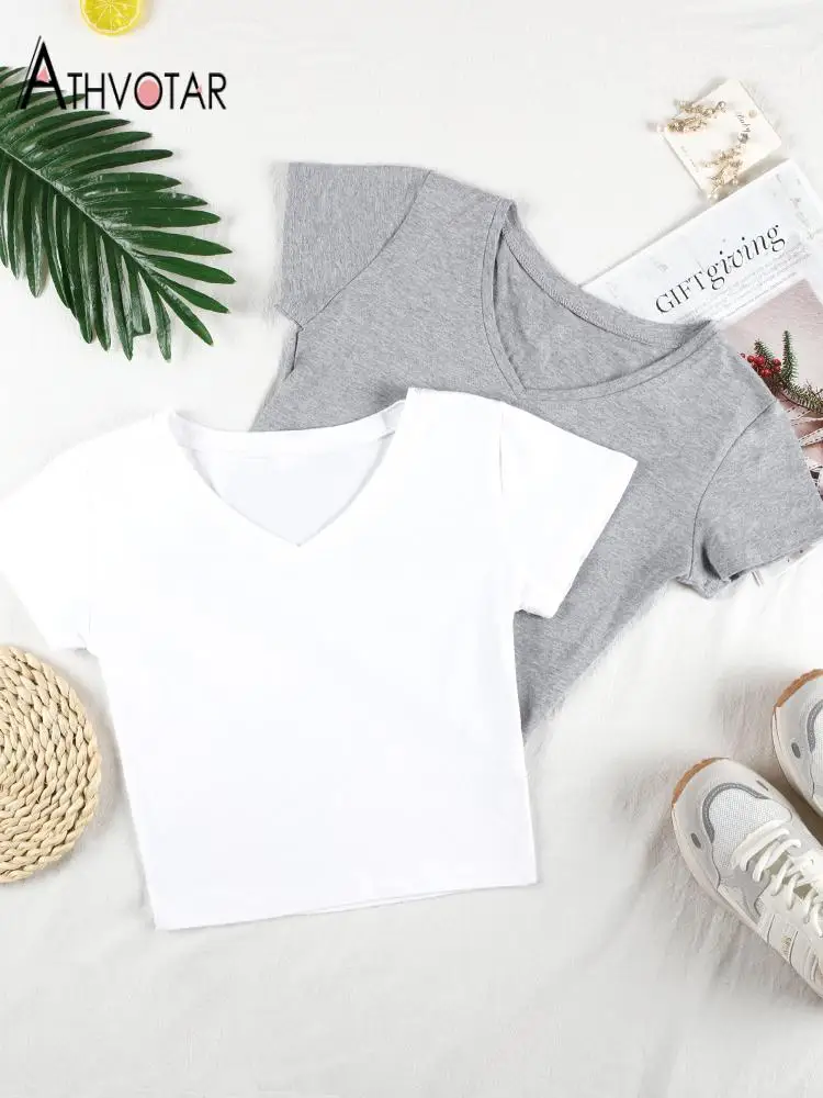 

ATHVOTAR 2PC Cotton V Neck Black White Women T Shirt Solid Color Casual Top Tee Slim Basic Crop Top Summer Streetwear Tshirt