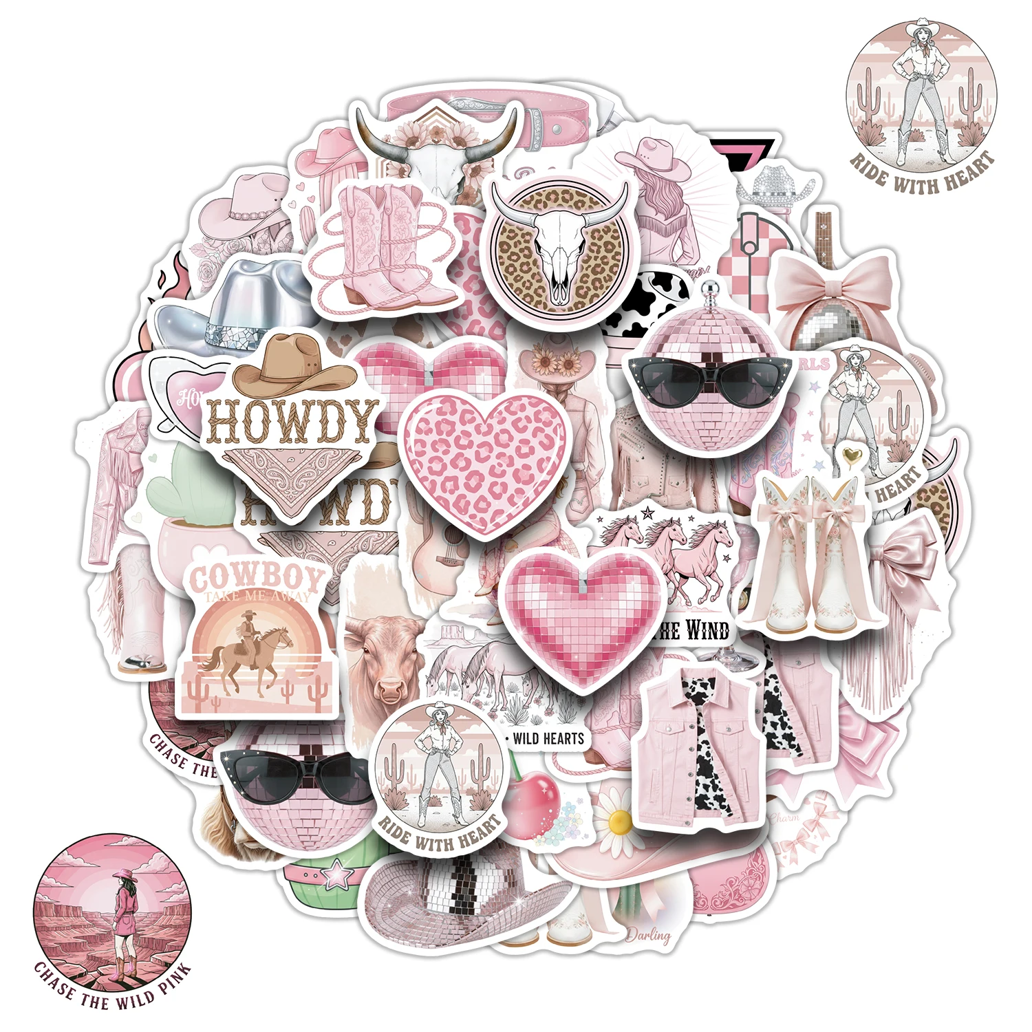 Disco Cowgirl Aesthetic Vinyl Stickers - 50PCS Pink Party Decor & Waterproof Decals