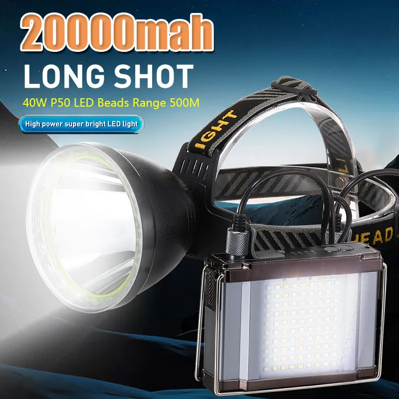 

20000mAh Ultra Bright LED Headlamp Outdoor Split Headlight Mining Lamp P50 Head Flashlight Waterproof Fishing Camping Torch