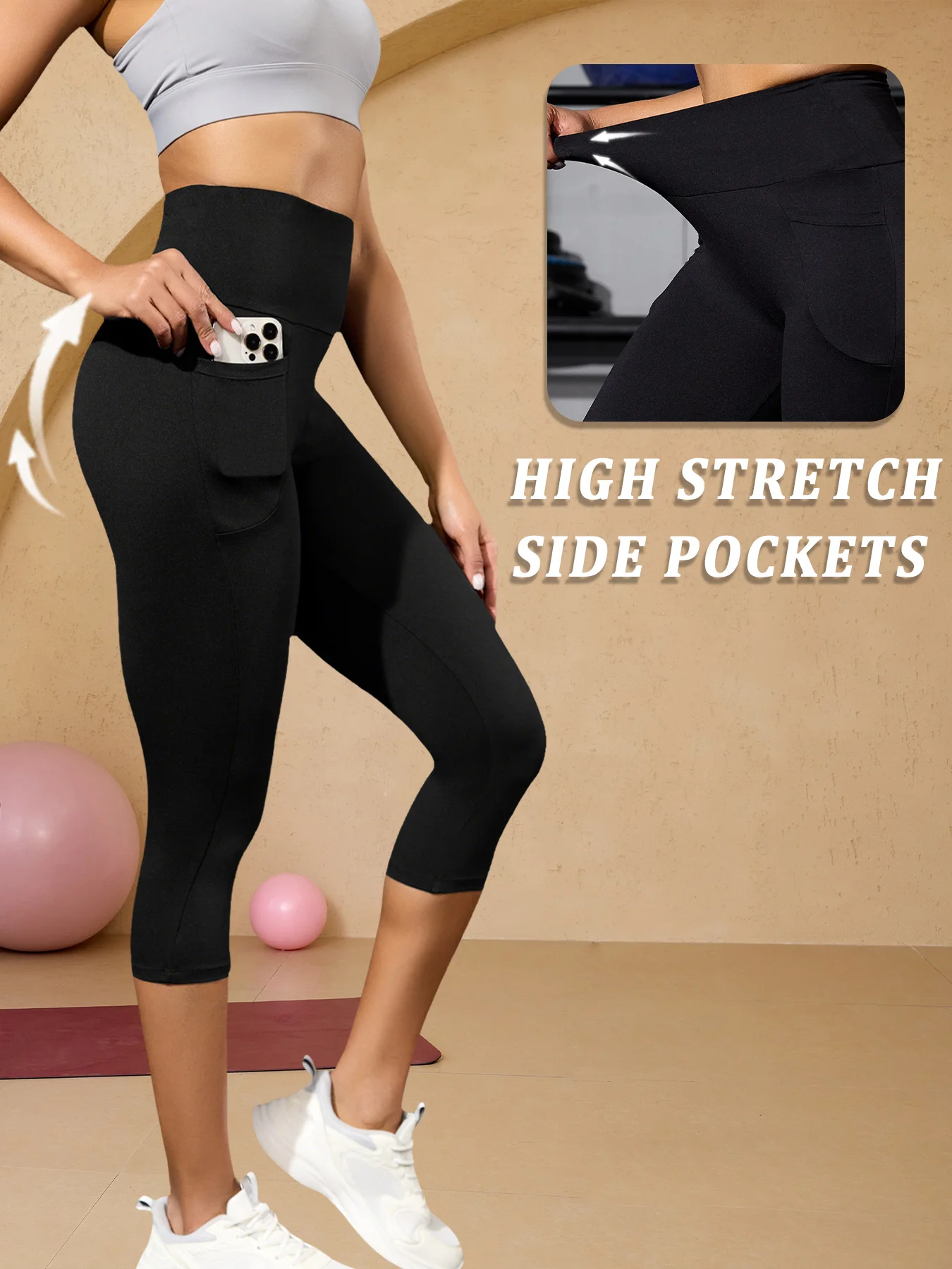 Workout Capri Pants for Women High Waisted with Pockets Super Soft No See Through Tummy Control 4