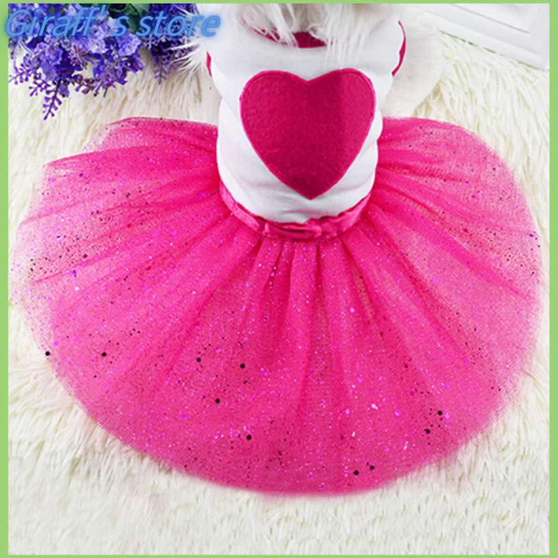 Pet Dog Love Heart Sequins Gauze Tutu Dress Skirt Puppy Cat Rose Red Clothes