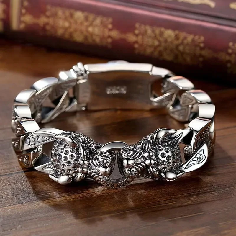 

S925 Silver Leopard Horsetail Woven Double Leopard Head Bracelet Men's Bracelet Retro Dominant Personality Handmade Bracelet