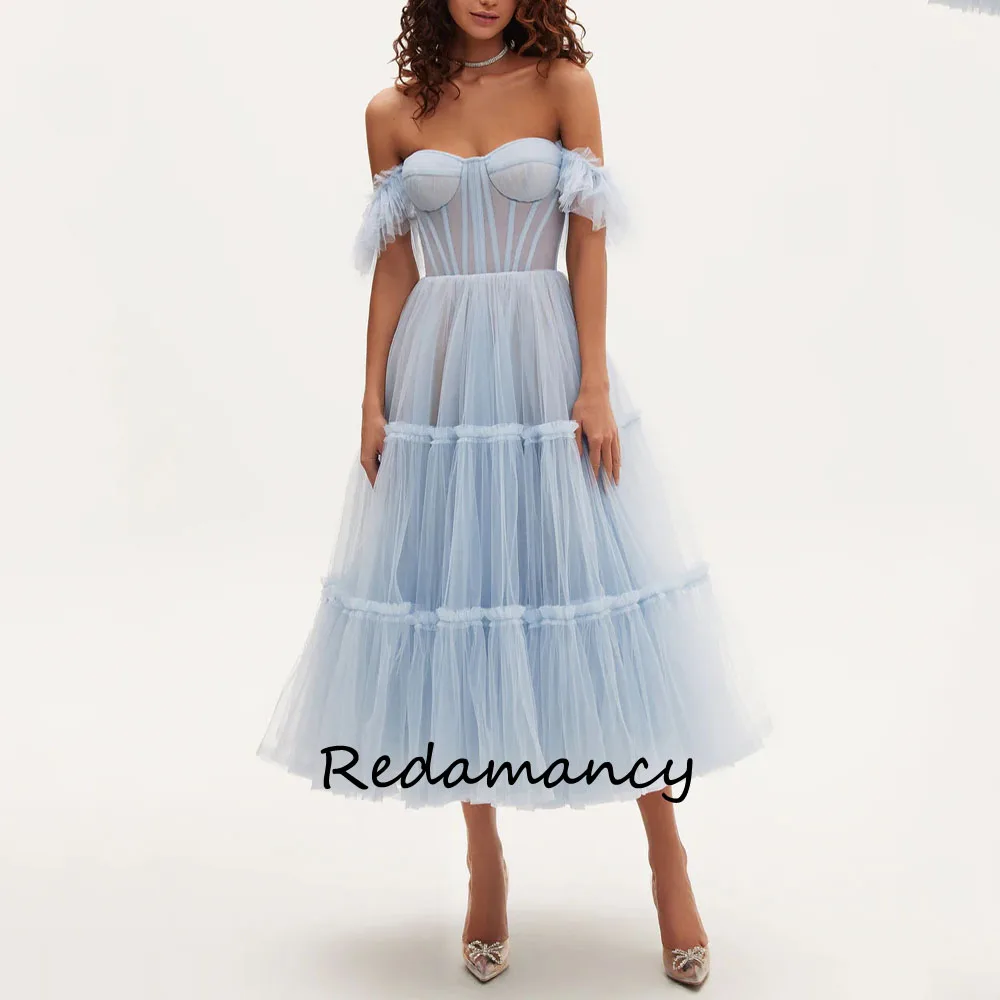 

Redamancy Blue Sweetheart Tulle A-LINE Homecoming Dresses 2024 Backless Slim Tea-Length vestidos de novia Party Dress