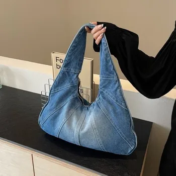 Borsa a Tracolla in Denim Lavato di Grande Capacità, Design Minimalista, Borsa Tote con Cerniera Scorrevole, Borsa Hobo a Mezzaluna Patchwork Casual