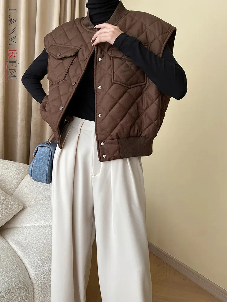 

LANMREM Rhombus Thickened Cotton Vest Coat Women's Round Neck Single Breasted Sleeveless Fashion Coats 2023 Winter New 2DA2137