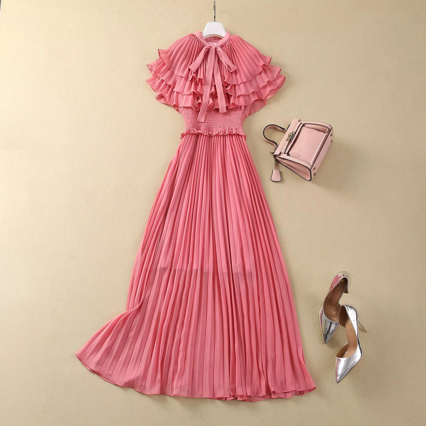 ZJYT Designer Elegant Cloak Sleeve Pleated Dresses for Women 2024 Runway Summer Fashion Elastic Waist Long Party Evening Dress