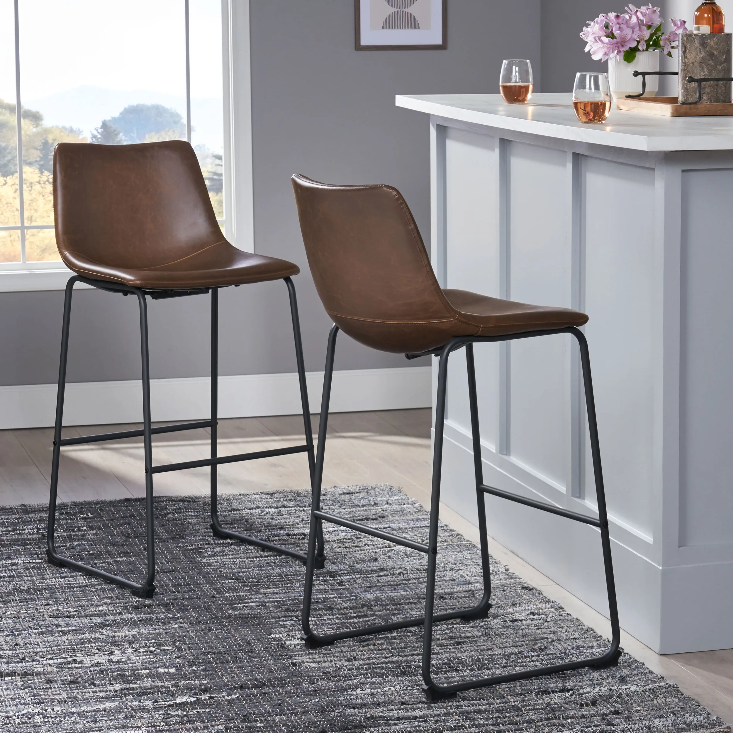 Two-piece，30-Inch Cedric Faux Leather Bar Stool in Vintage Brown