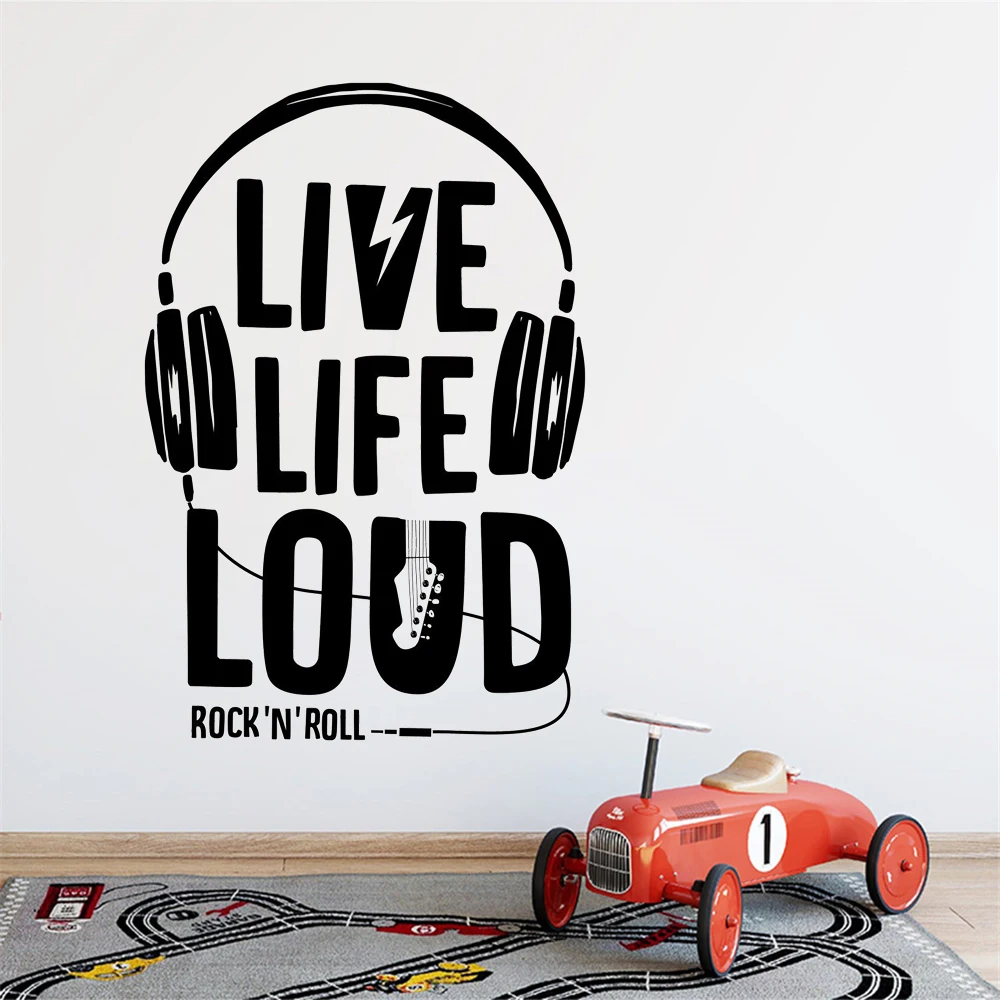 Vinyl Wall Stickers Live Life Loud Quotes Decals Living Room Headphones Music Musical Rock n Roll Murals Decor For Bar DW13944
