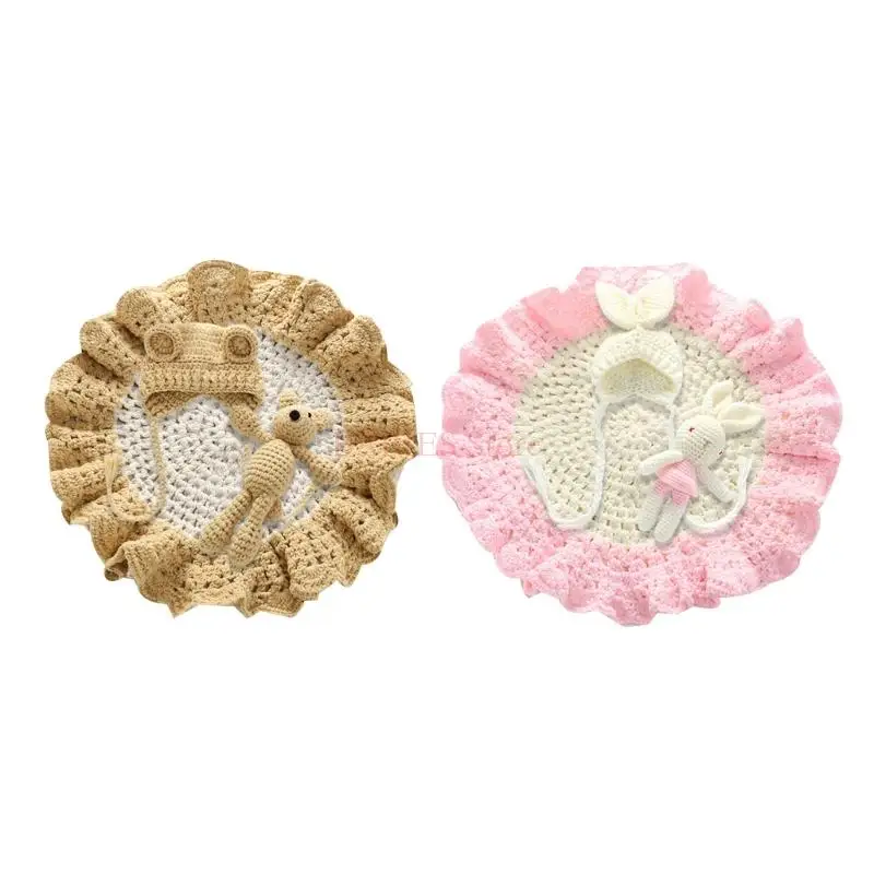 

C9GB Newborn Photography Props Set Handmade Crochet Blanket with Bear Shape Hat & Rabbit for Boys Girls 3-piece/set