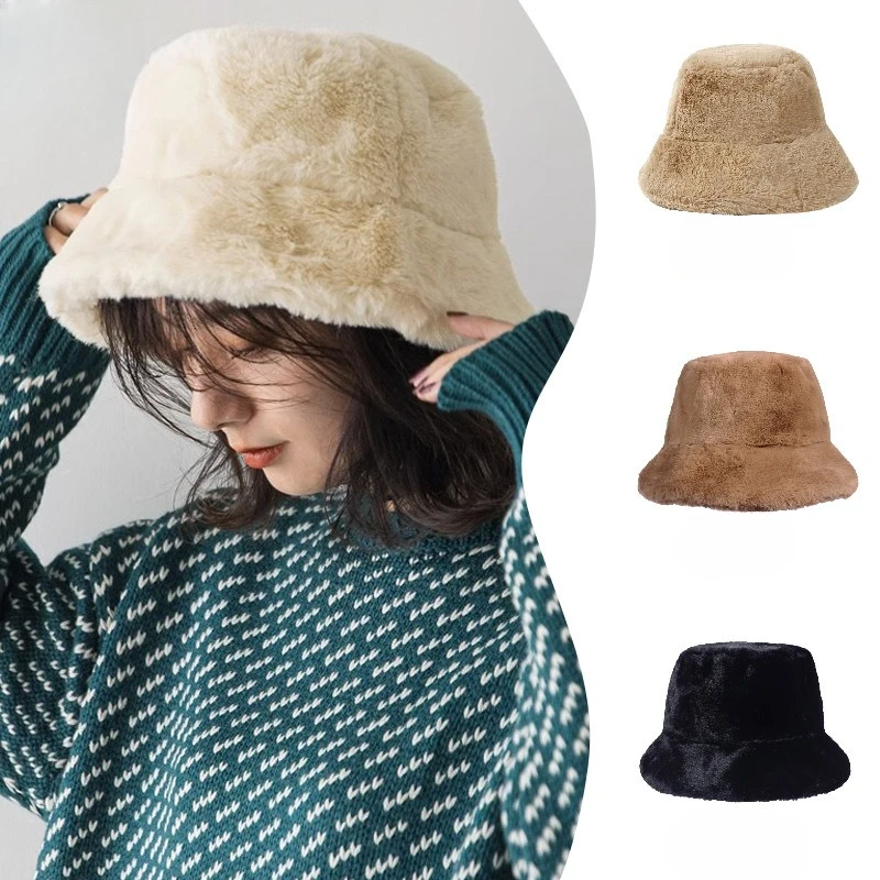 

Soft Winter Plush Warm Bucket Hat for Women Girl Solid Color Fordable Wide Brim Panama Cap Outdoor Windproof Basin Hats