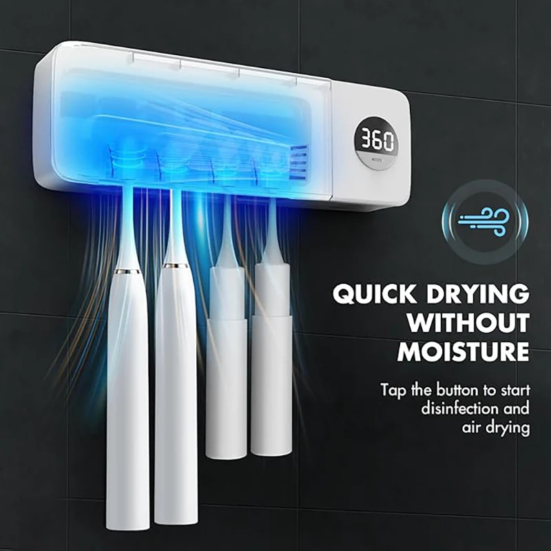 UVC Wall-Mounted Toothbrush Sterilizer and Holder, Toothbrush Cleaner, Wall Holder with 4 Slots and Timer