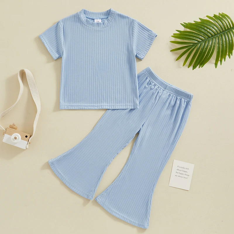 FOCUSNORM 0-5Y Toddler Kids Girls Summer Clothes Sets Short Sleeve Solid Ribbed Tops Flared Pants Sets