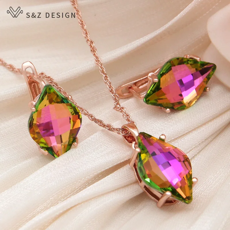 S&Z DESIGN New Fashion Luxury Prismatic Crystal Dangle Earrings  For Women Wedding 585 Rose Gold Color Eardrop Jewelry Gift