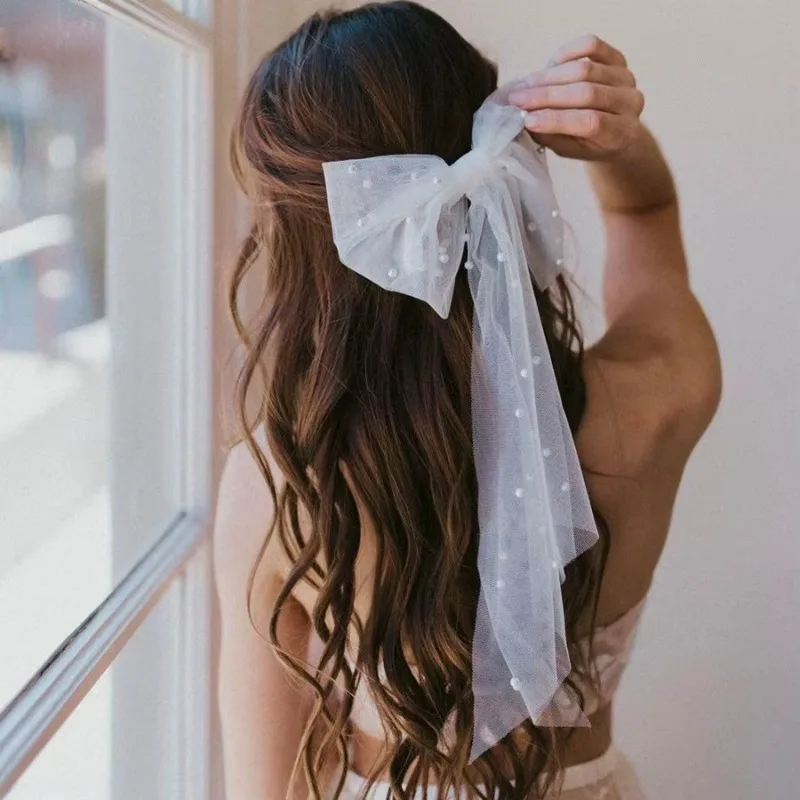 Women Long Ribbon Mesh Bow Hair Clips Elegant Pearls Hairpin for Bride White Mesh Hairpins Wedding Party Bride Hair Accessories hair accessories,bridal hair accessories