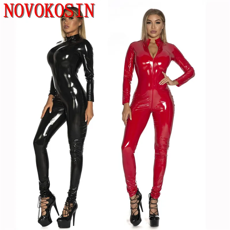 S-5XL Ladies Shinny Faux Leather Overall Body Suit Halloween Women PU Long Sleeve Front Zipper Jumpsuit Cosplay Costumes