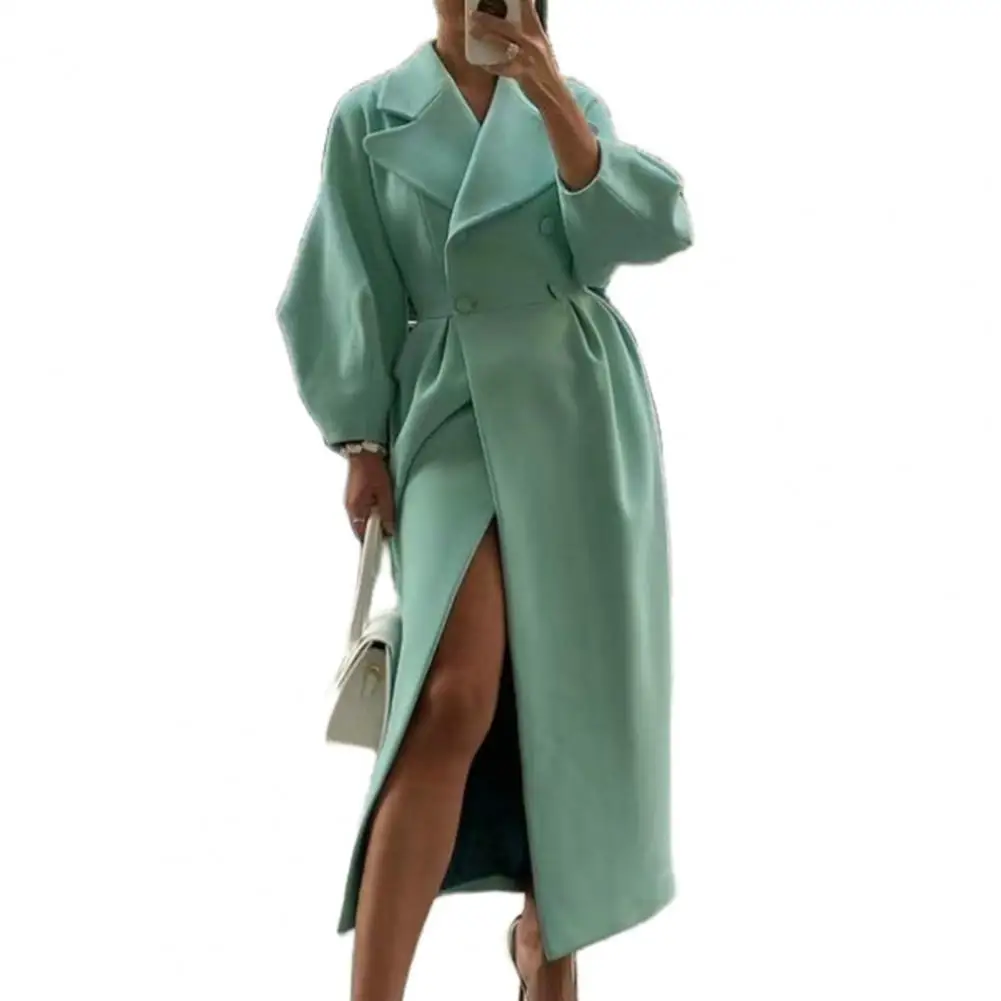 

Women Woolen Coat Double-breasted Lantern Sleeve Vintage Overcoat Autumn Turndown Collar Long Windbreaker Streetwear