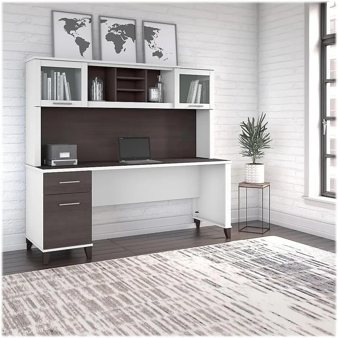 

2024 White and Storm Color Office Desk with Drawers and Hutch