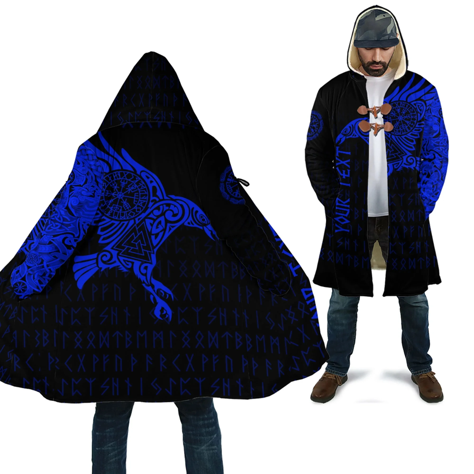 Custom Name The Raven Of Odin Tattoo Red Version 3D Printed Men's Fleece Hooded Cloak Unisex Casual Thick Warm Cape coat PF101