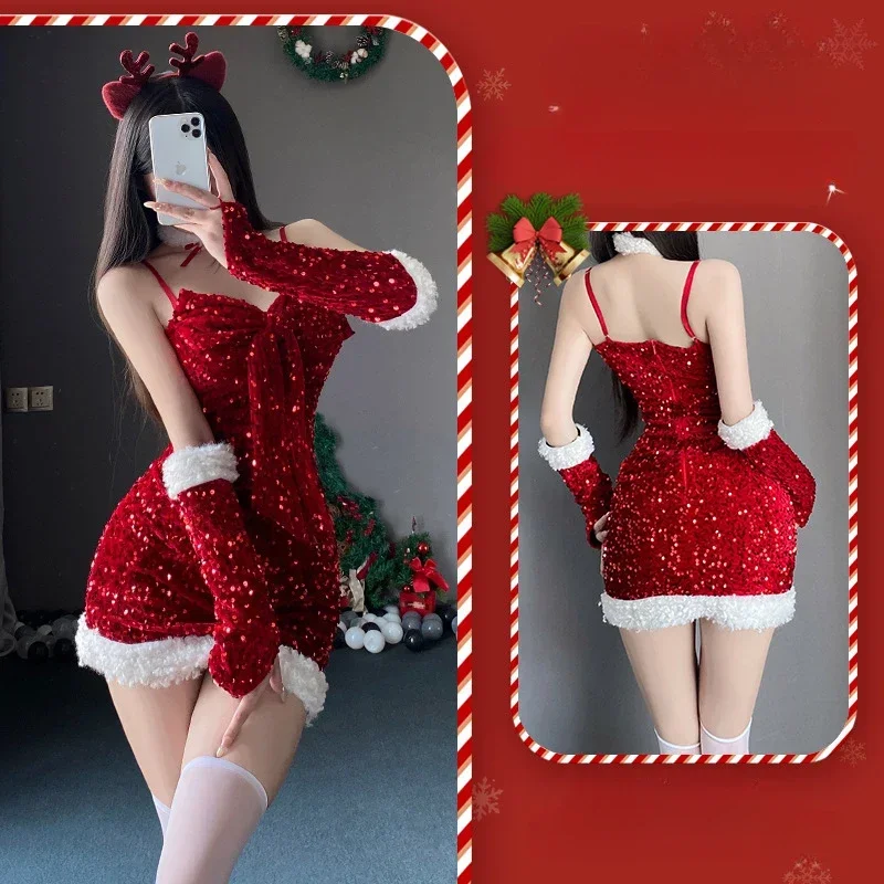 Christmas Sexy Plush Bunny Girl Uniform Cosplay Sexy Costumes Velvet New Year Red Dress Nightdress Role Play Outfits Underwear