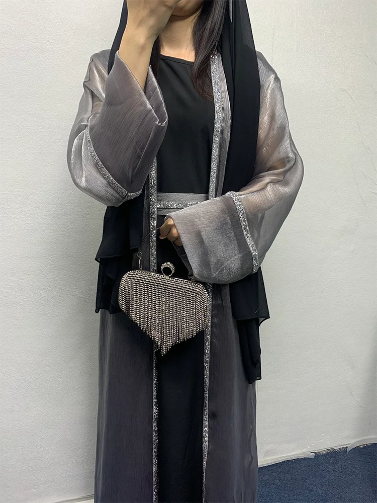 Luxurious Dubai Beaded Abaya Set with Belt Black Hijab 2 Piece Moroccan Kaftan Stylish Arabic Caftan for Wedding Evening