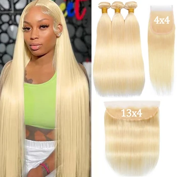 613 Honey Blonde Straight Human Hair Bundles With 4x4 Lace Closure Brazilian 100% Human Hair Bundles With 13x4 13x6 Lace Frontal 1