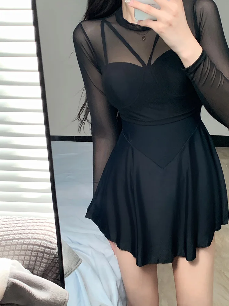 Swimwear one-piece skinny women's skirt boxers two-piece girls' student style conservative black long-sleeved sunscreen