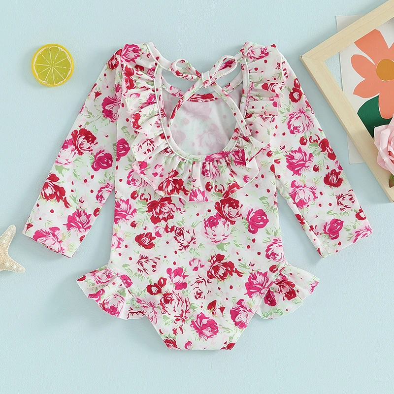 

Toddler Baby Girl Swimsuit Floral Ruffle Long Sleeve Swimwear Rash Guard Bathing Suit Kids Beach Outfit