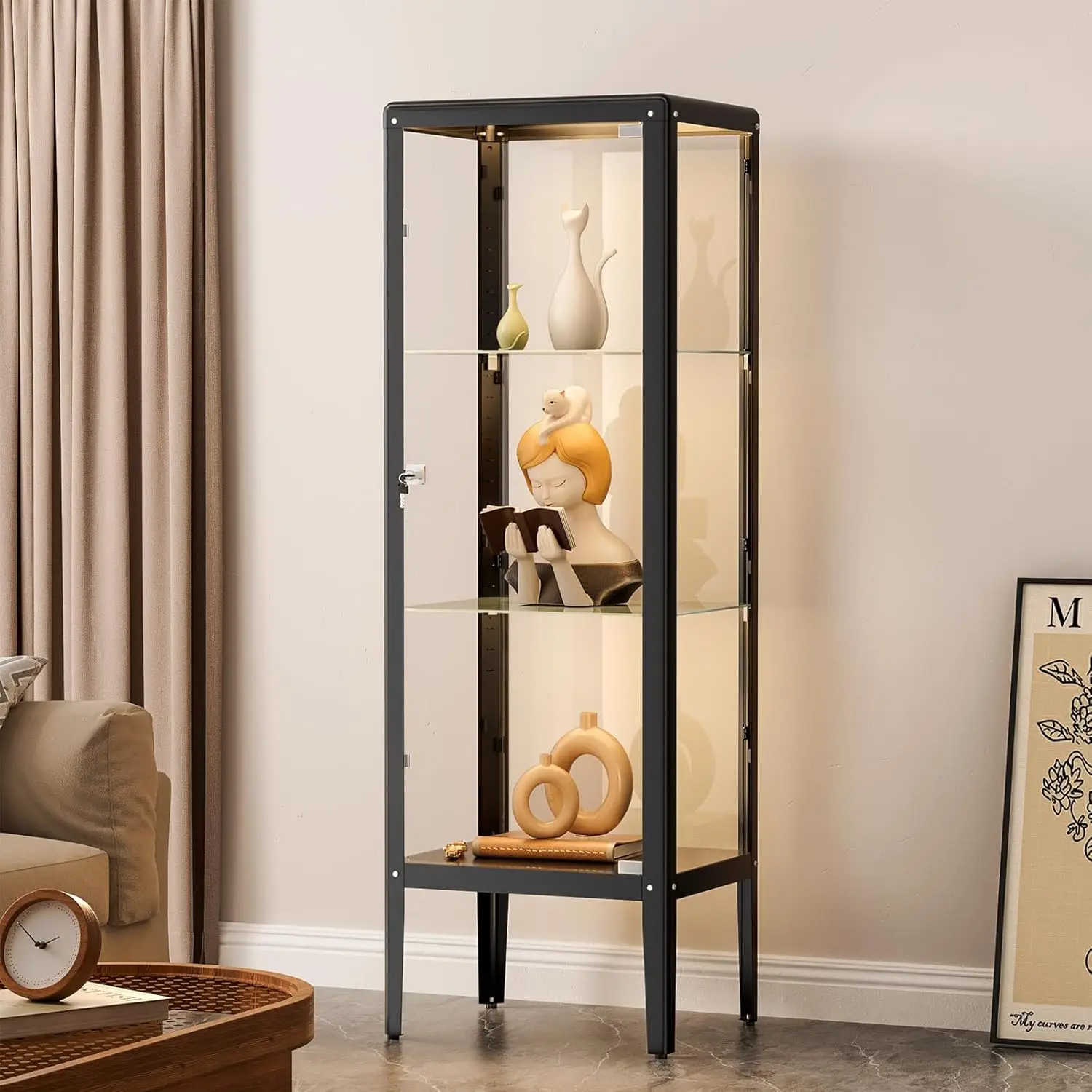 Glass Display Cabinet with LED Light, Adjustable 3-Shelf Shelves, Curio Cabinets Metal Storage Display Case