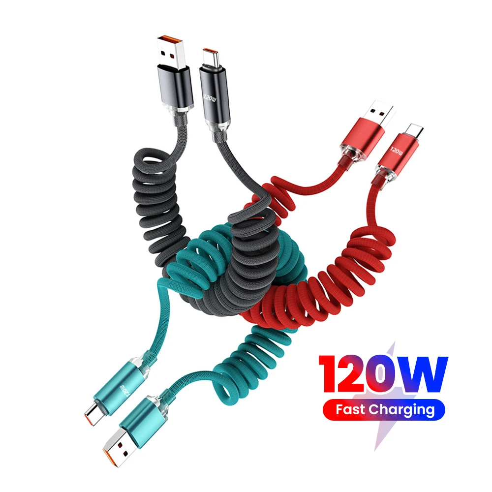 120W Car Spring Data Cable Retractable USB C To Type C Fast Charging Cable for iphone 15 16 Samsung Xiaomi USB Type C Cable