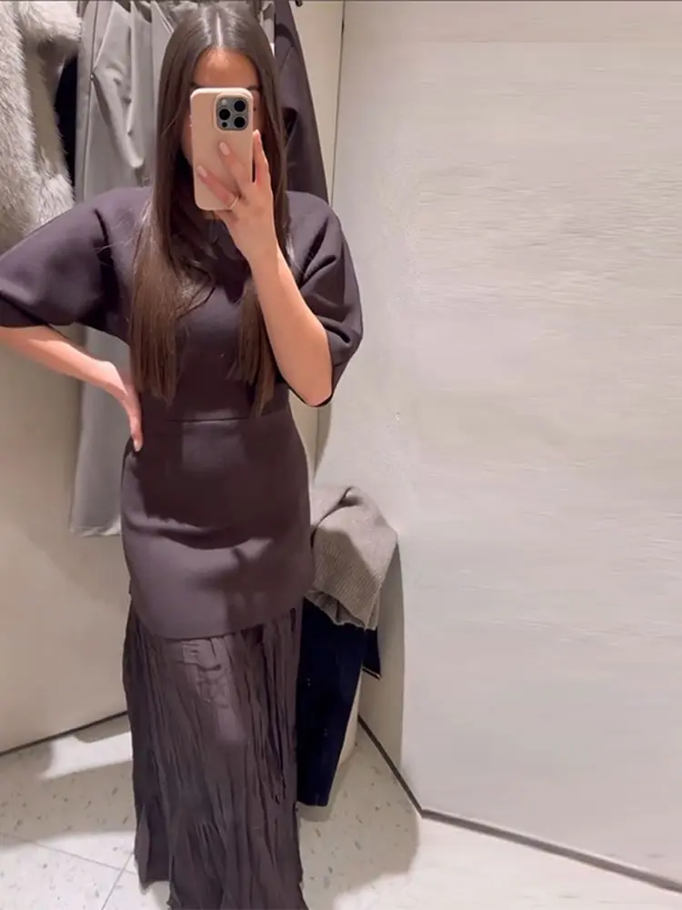 Elegant Patchwork Pleated Long Dress Women Brown O-neck Half Sleeve Slim Dresses Female 2025 Spring Summer Lady High Street Robe 3