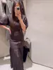Elegant Patchwork Pleated Long Dress Women Brown O-neck Half Sleeve Slim Dresses Female 2025 Spring Summer Lady High Street Robe 3