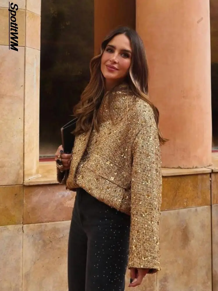 

Fashion Gold Sequin Croped Shiny Jacket for Women Party Stand Collar Single Breasted Pocket Coats 2023 Autumn Y2k Streetwear Top