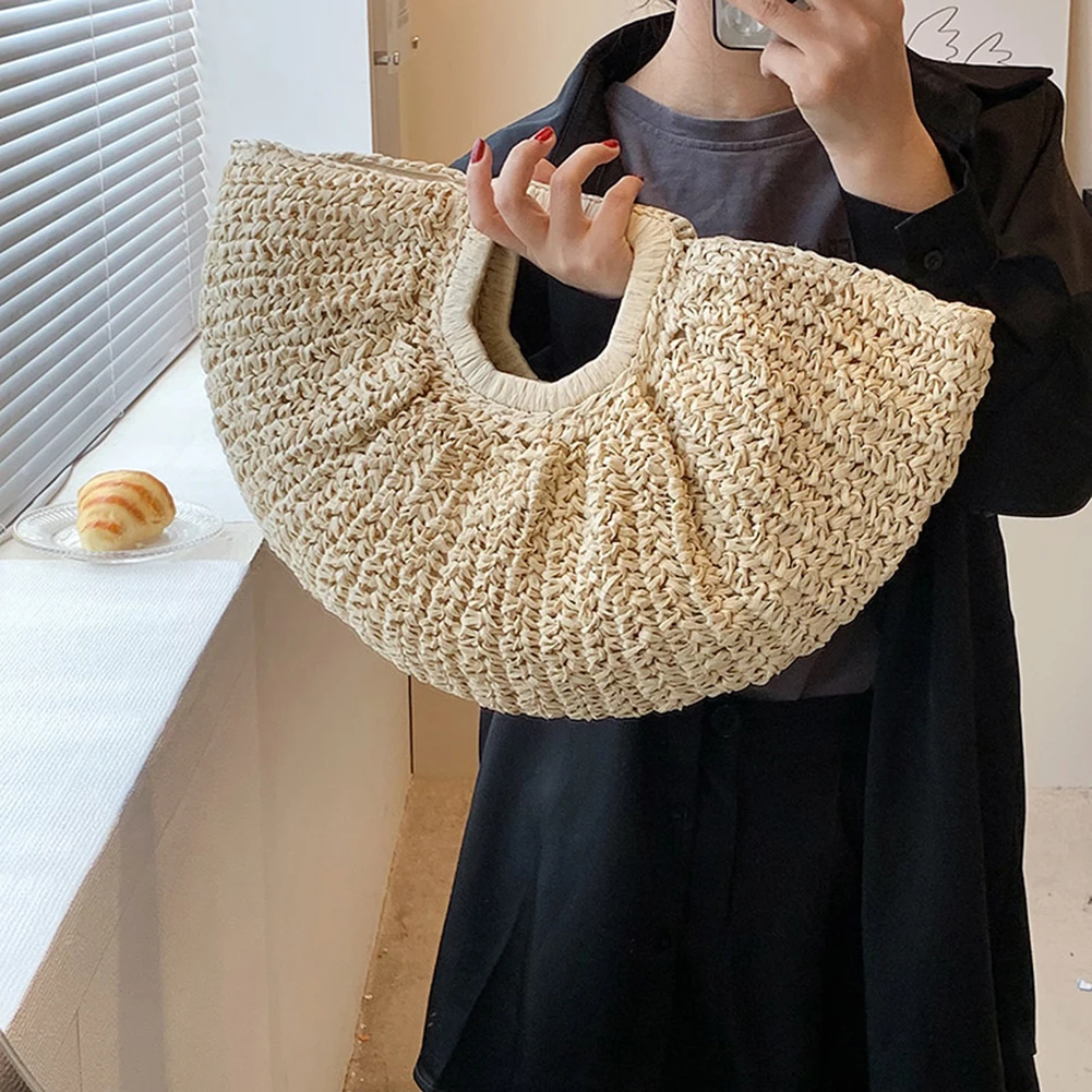 Women Handmade Straw Tote Bag Large Capacity Half-Moon Straw Handbag Solid Color Simple Weaving Wrist Bag Female Daily Bag