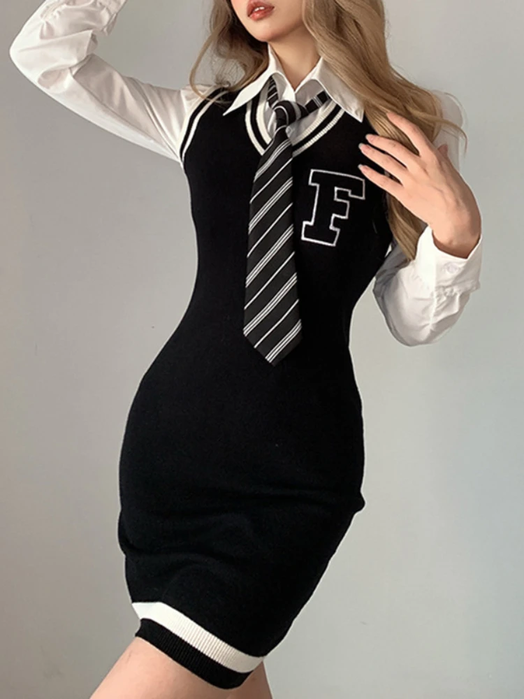 

Academic Letter Knitted Tank Top Skirt Two Piece Set Temperament Irregular Stripe Tie Shirt Dress Short Dress