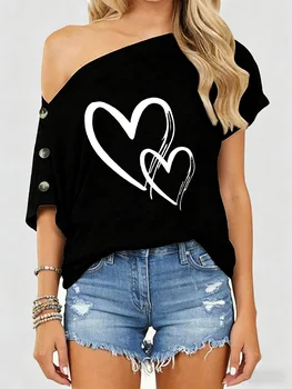 Women's Tee Top One Shoulder Short Sleeve Heart Print Button Trim Loose Tops Casual Tee Spring Summer Chic Tee Daily Light Tops 1