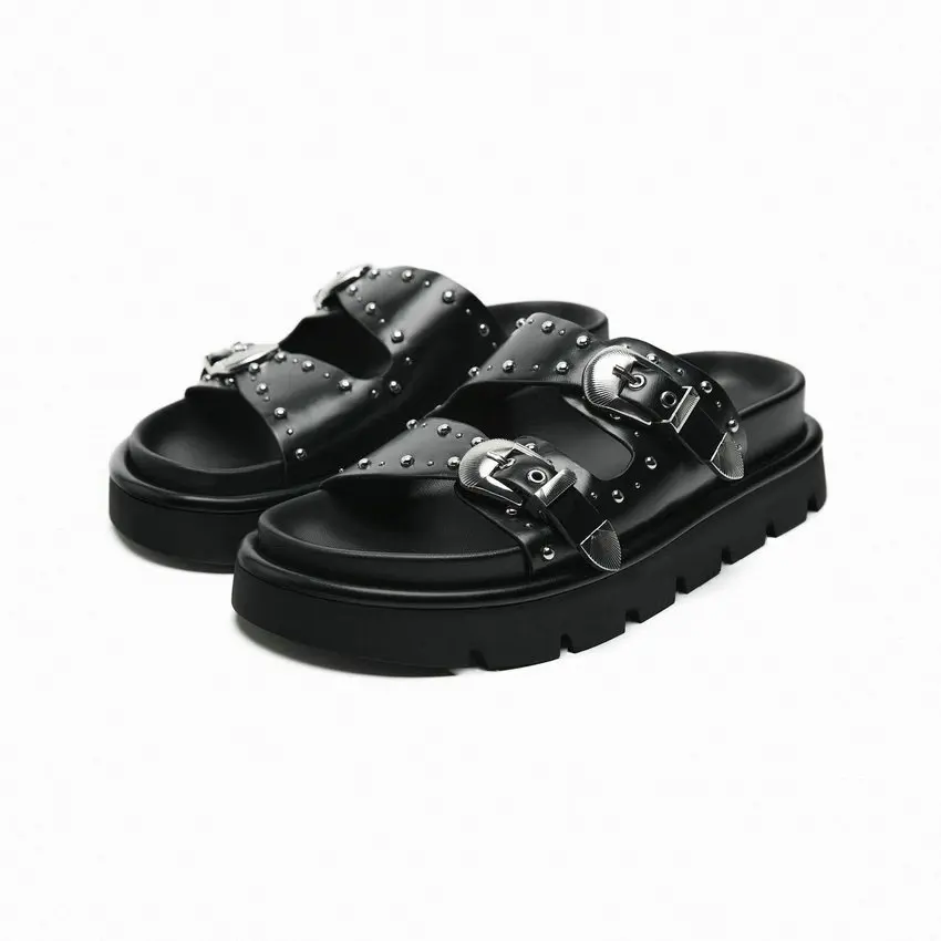 ESVEVA Women Sandals Shoes Fashion Genuine Leather Low Heels Slingback Platform Woman Casual Rivet Slippers Size 34-40