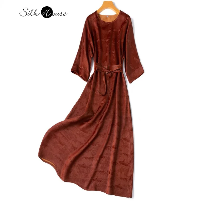 

2024 Women's Summer New Extended 45MM 100% Natural Mulberry Silk Gambiered Guangdong Gauze Split Sleeve Waist Sealing Dress