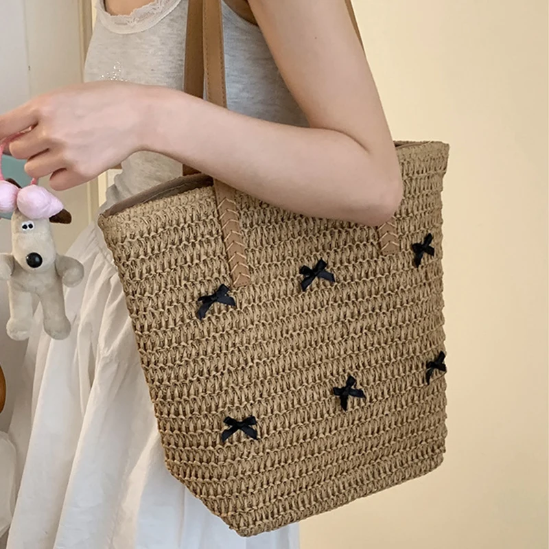 Women Top-Handle Bags Straw Black Bowknot Shoulder Bag Summer Beach Straw Bucket Bag Woven Tote Purse Casual Travel Handbags