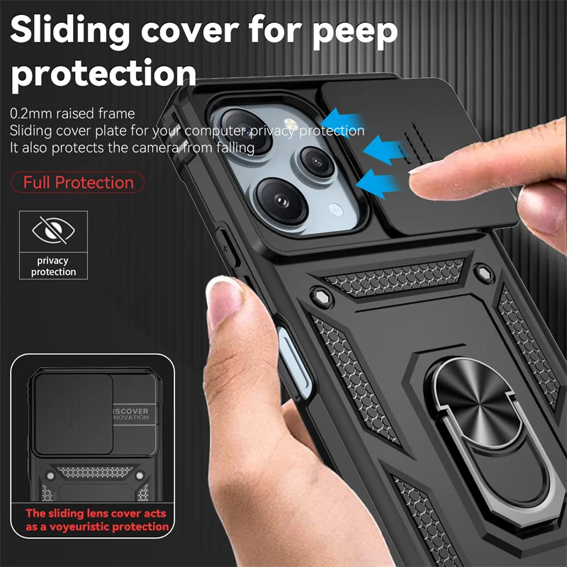Enhanced Shockproof Armor Phone Case with Ring Holder and Slide Lens Protector for Xiaomi Redmi 12 4G (2023)