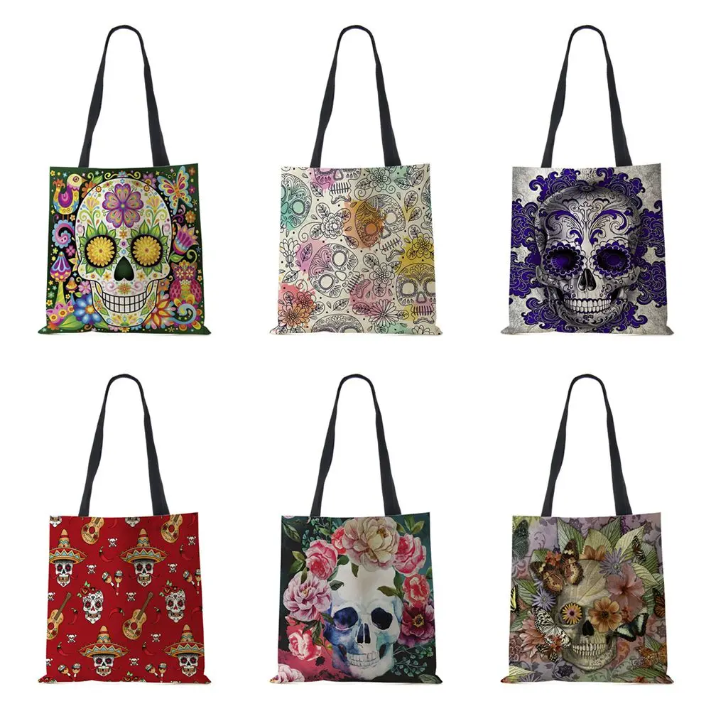 

Halloween Shoulder Bag Vintage Women Skull Horror Eco Large Capacity Canvas Tote Bag Harajuku Casual Shopping Storage Handbag