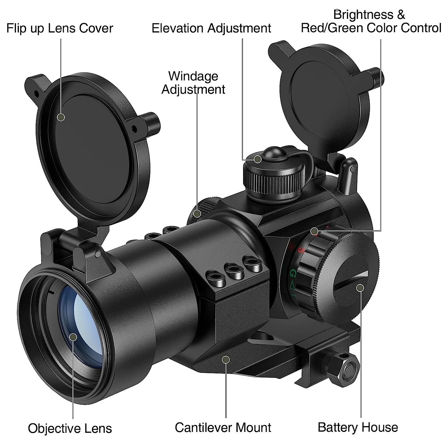 Red Green Dot Sight Tactical Scope Reflex Sight with Lens Cap for 20mm Picatinny Rail Cantilever Mount Red Dot Riflescope red dot sight rifle scope