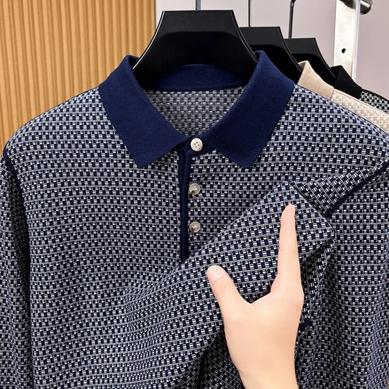 Polo a maniche lunghe da uomo 100% cotone, classico motivo pied-de-poule, abbottonatura invisibile, top casual