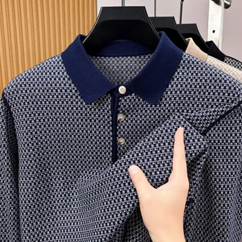 Polo a maniche lunghe da uomo 100% cotone, classico motivo pied-de-poule, abbottonatura invisibile, top casual