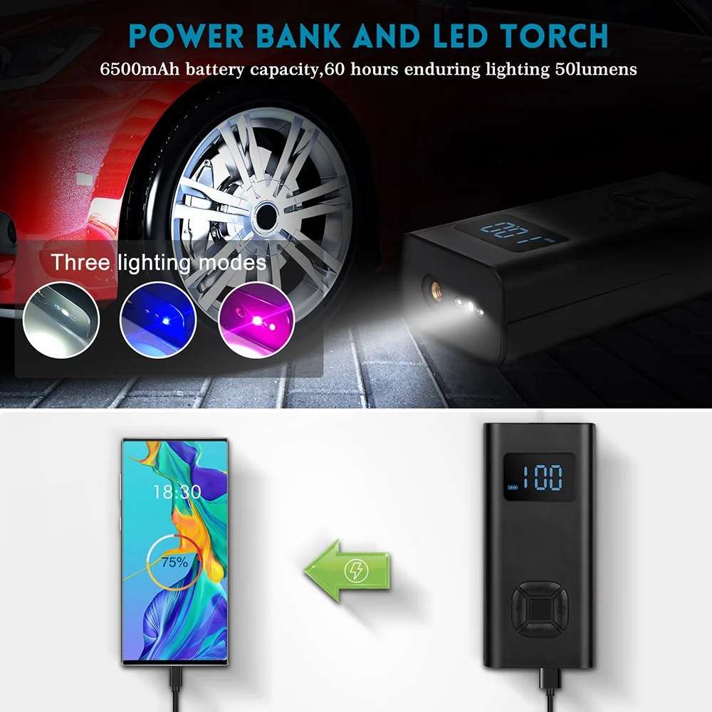 Tire Inflator Portable Air Compressor 5V 150PSI Cordless Car Tire Pump USB Rechargeable 6500mAh Battery Air Pump For Cars Motorc